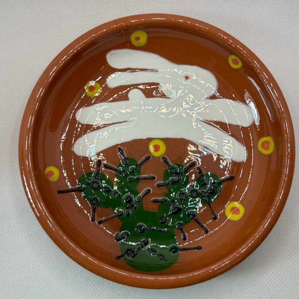 Vintage Plate Handcrafted Terracotta Ceramic Pottery Rabbit Cactus Signed 2002